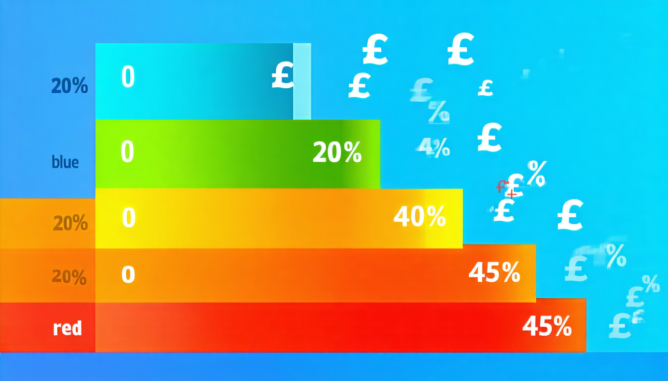 Colourful horizontal bars showing UK income tax bands from 0% to 45% with pound symbols