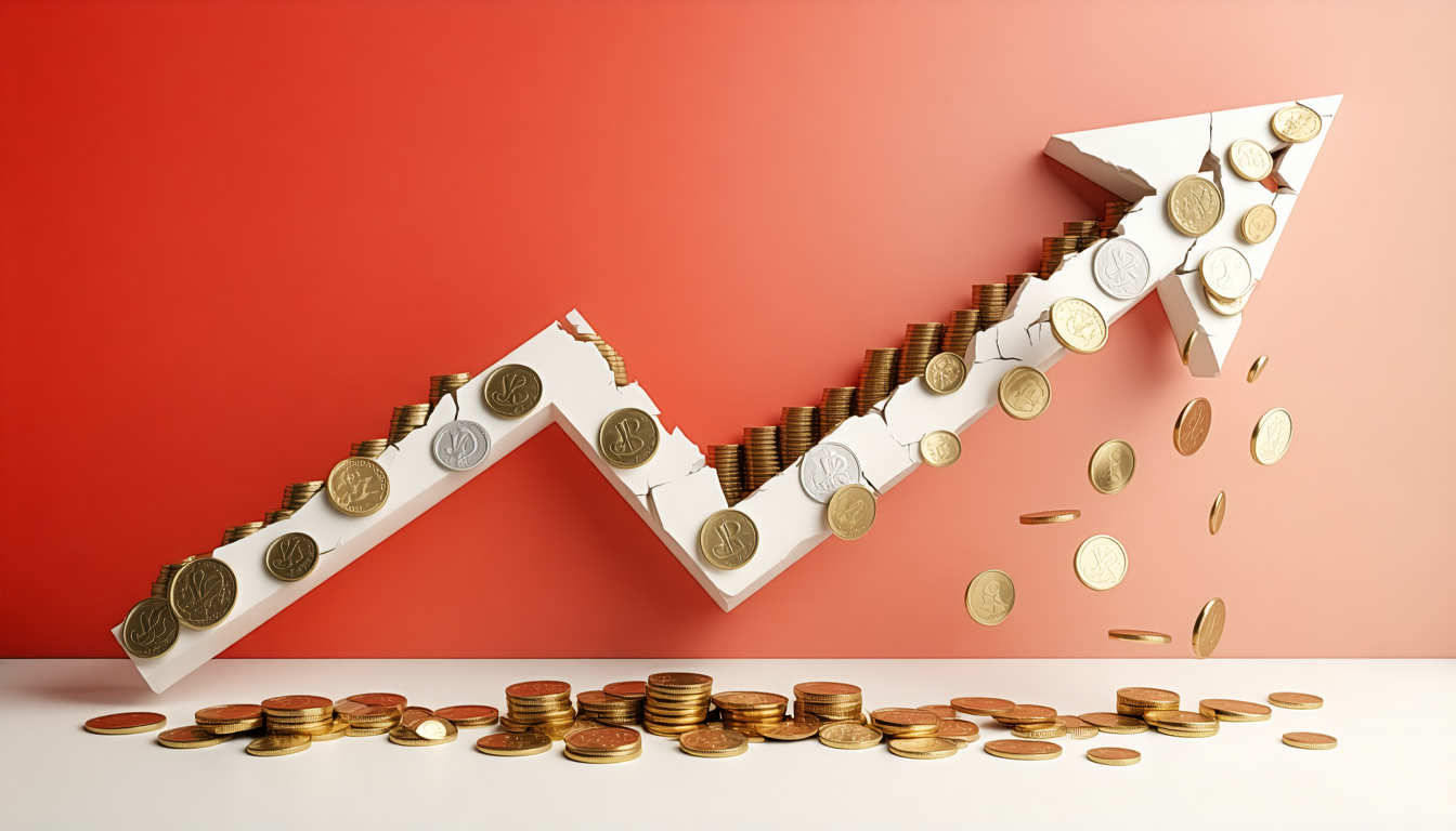 Upward arrow of pound coins breaking through a ceiling with some falling away as tax deductions