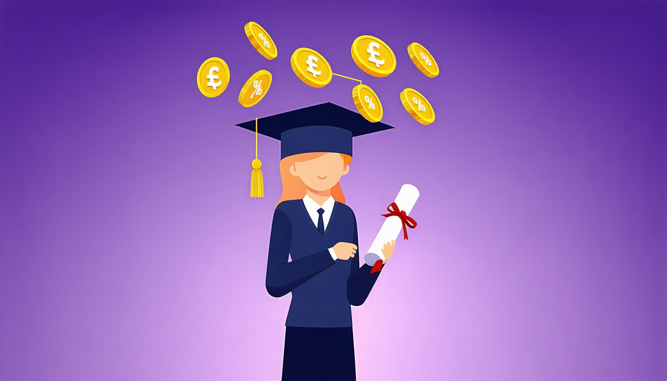 Graduation cap with pound coins falling representing student loan repayments