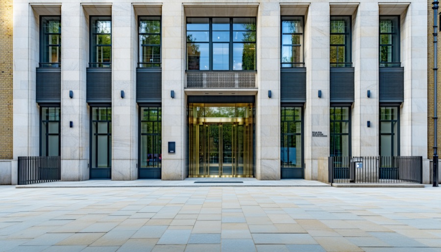 Illustration of a government building with rising civil service pay grades