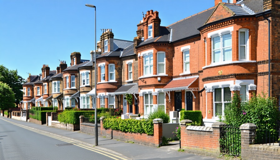 A row of red brick British terraced houses with bay windows on a residential street