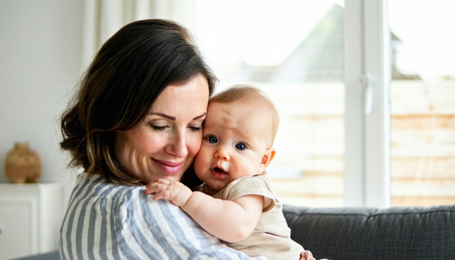 Illustration of a parent holding a baby beside a calendar and coins