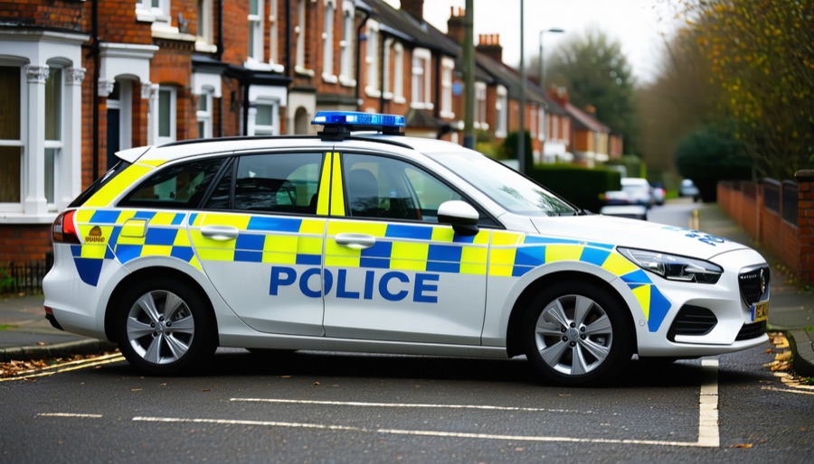 UK police car with Battenburg markings parked on a British street