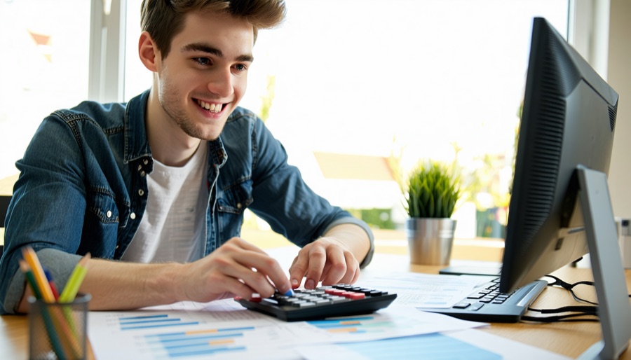 Young man working out his take-home pay on a calculator at a home desk